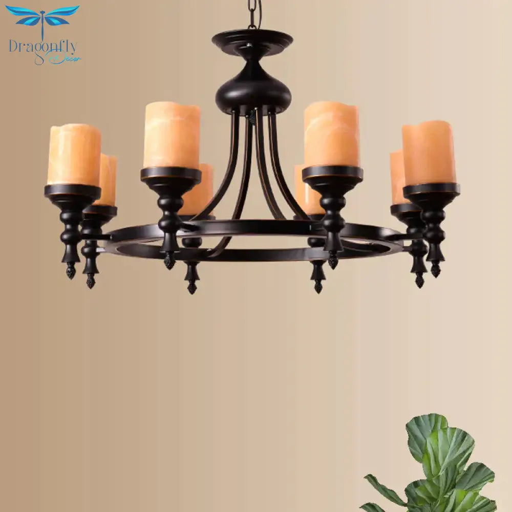 Black 8 - Light Countryside Chandelier: Candle - Style Dolomite Hanging Lamp With Crackled Finish &