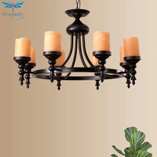 Black 8 - Light Countryside Chandelier: Candle - Style Dolomite Hanging Lamp With Crackled Finish &