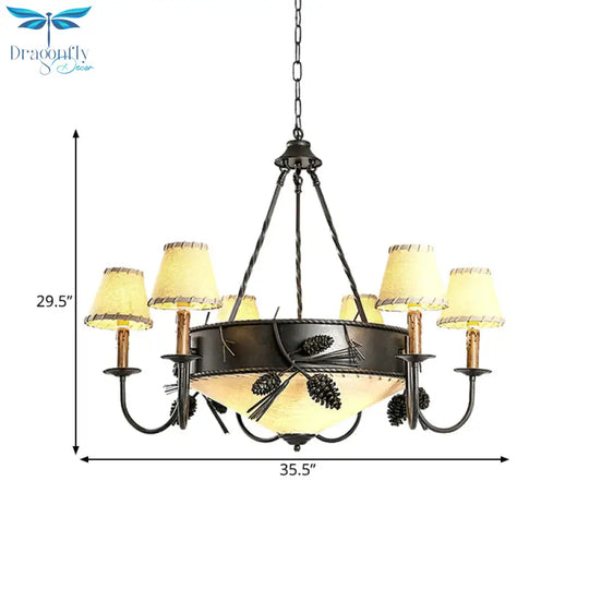 Black 9 Lights Ceiling Lamp Vintage Fabric Tapered Chandelier Pendant Light With Pinecone Deco