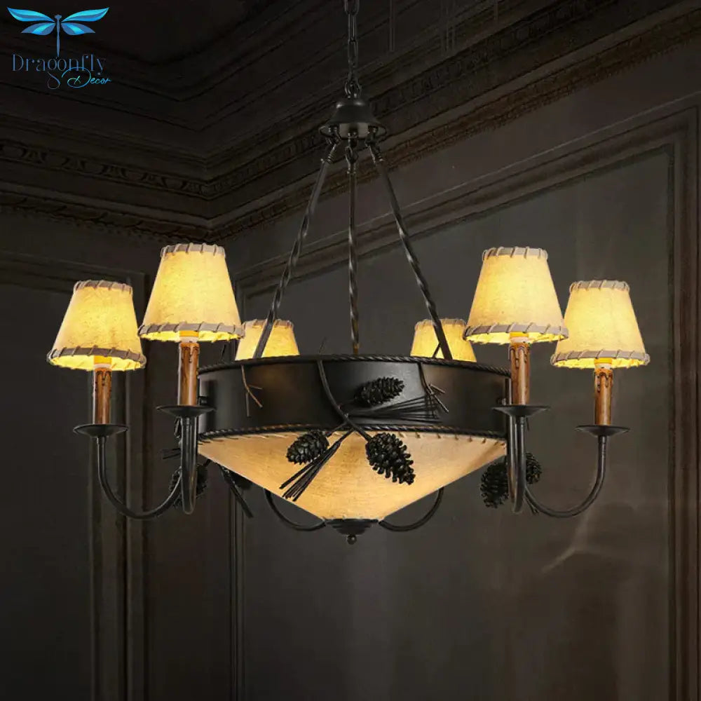 Black 9 Lights Ceiling Lamp Vintage Fabric Tapered Chandelier Pendant Light With Pinecone Deco