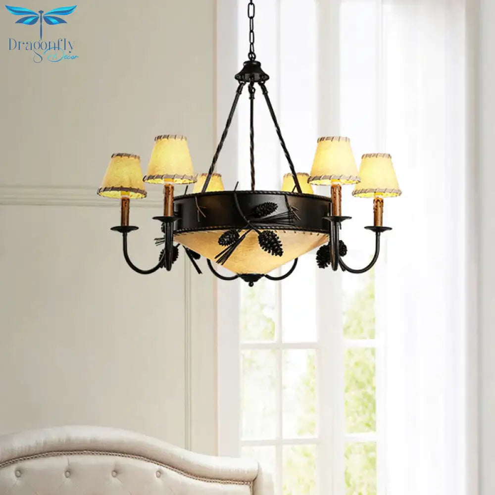 Black 9 Lights Ceiling Lamp Vintage Fabric Tapered Chandelier Pendant Light With Pinecone Deco