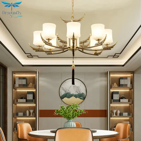 Black And Gold 6/8/10 Lights Chandelier Light Classic Opal Glass Cylinder Suspension Pendant