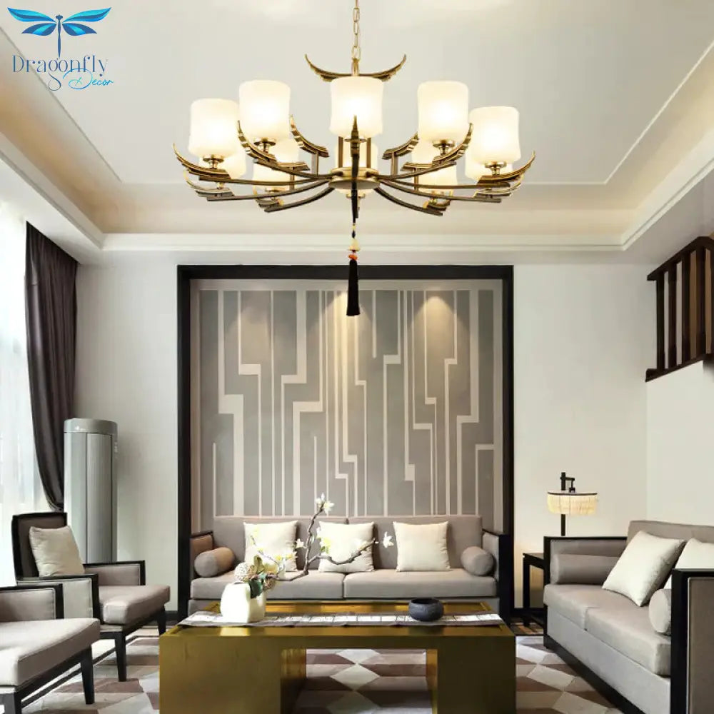 Black And Gold 6/8/10 Lights Chandelier Light Classic Opal Glass Cylinder Suspension Pendant
