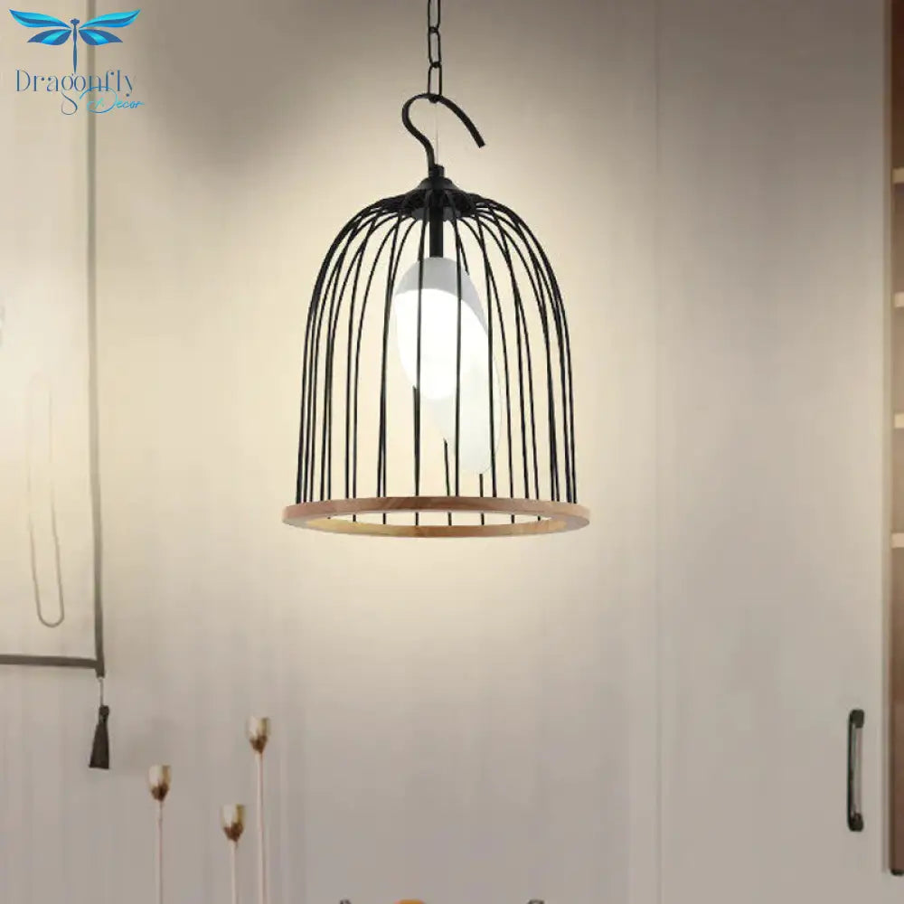 Black Bird Cage Hanging Lamp Modern 1 Head Metal Ceiling Pendant Light For Living Room