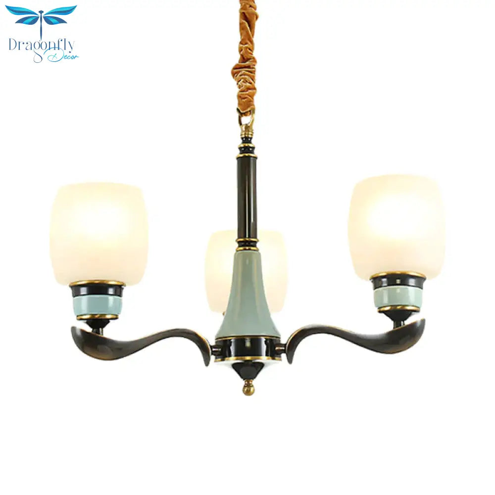 Black Bucket Hanging Chandelier Rural Style White Glass 3 Lights Dining Room Pendant Lighting
