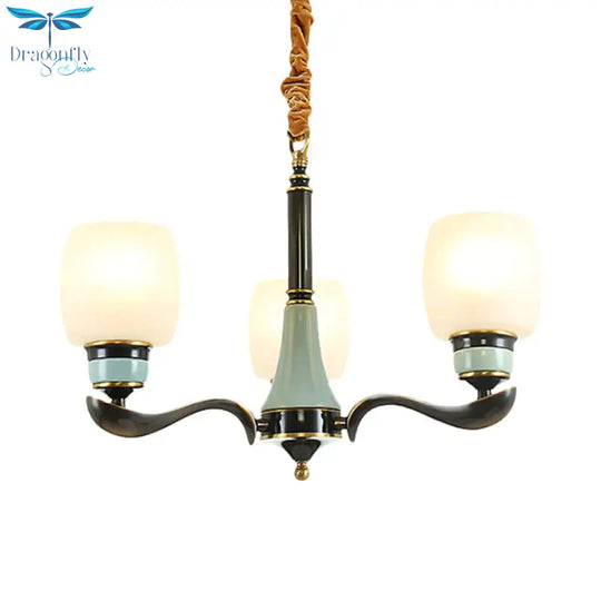 Black Bucket Hanging Chandelier Rural Style White Glass 3 Lights Dining Room Pendant Lighting