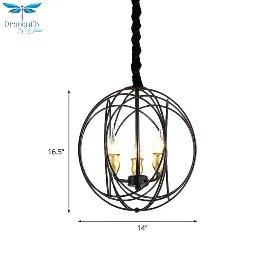 Black Candle Ceiling Pendant Rustic Metal 3 Bulbs Dining Room Chandelier Light With Globe Cage