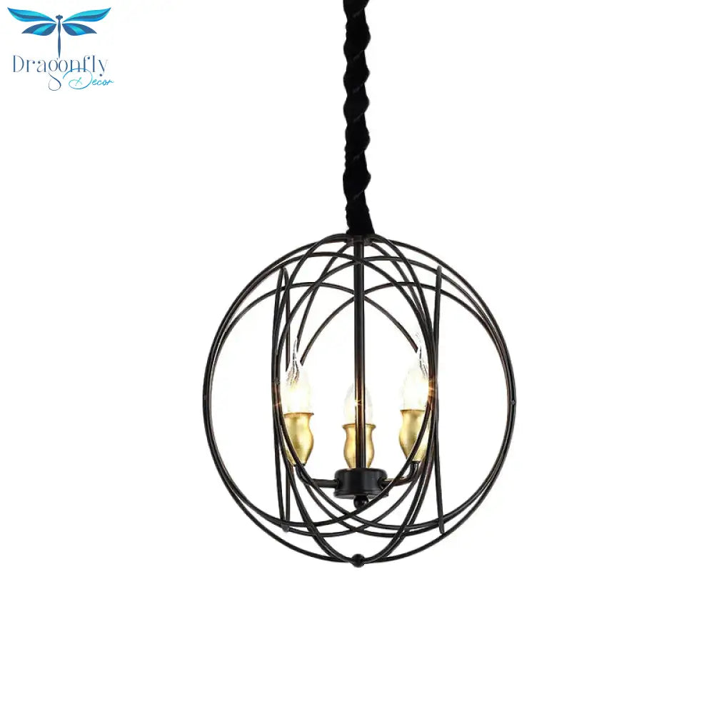 Black Candle Ceiling Pendant Rustic Metal 3 Bulbs Dining Room Chandelier Light With Globe Cage