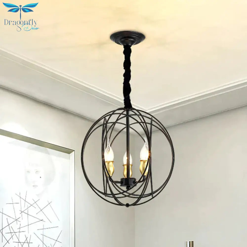 Black Candle Ceiling Pendant Rustic Metal 3 Bulbs Dining Room Chandelier Light With Globe Cage