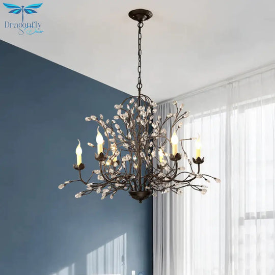 Black Candlestick Chandelier Lighting Traditional Crystal 6 Lights Bedroom Ceiling Lamp With Branch