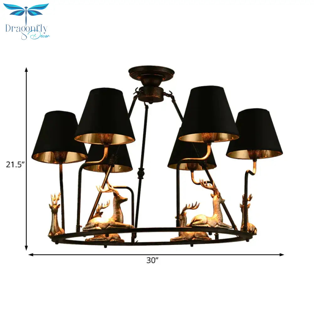 Black Cone Pendant Chandelier Farmhouse Fabric 6/8 Heads Dining Room Hanging Ceiling Light With