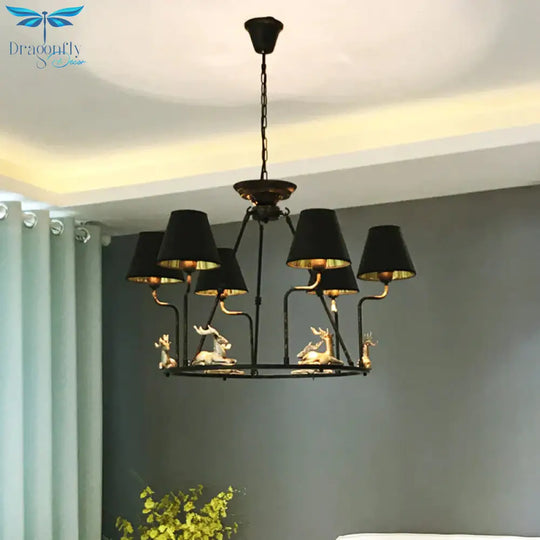 Black Cone Pendant Chandelier Farmhouse Fabric 6/8 Heads Dining Room Hanging Ceiling Light With