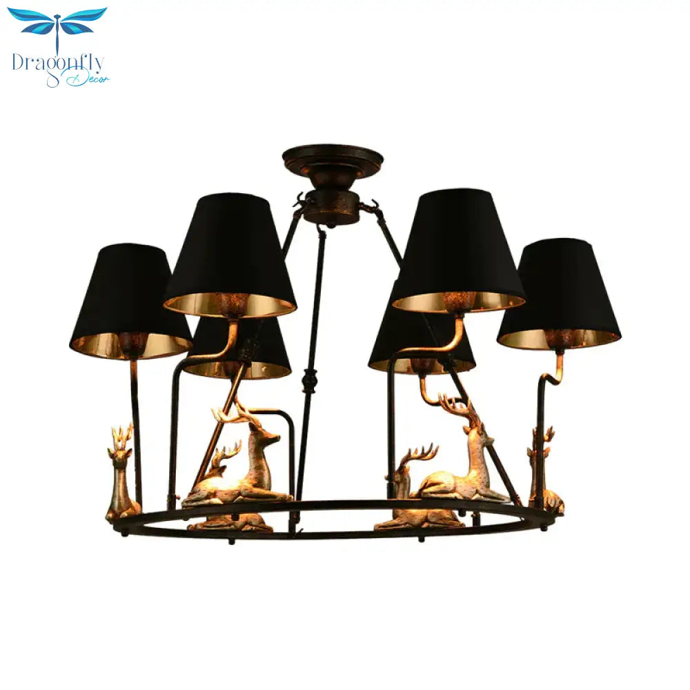 Black Cone Pendant Chandelier Farmhouse Fabric 6/8 Heads Dining Room Hanging Ceiling Light With