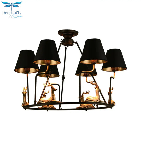 Black Cone Pendant Chandelier Farmhouse Fabric 6/8 Heads Dining Room Hanging Ceiling Light With