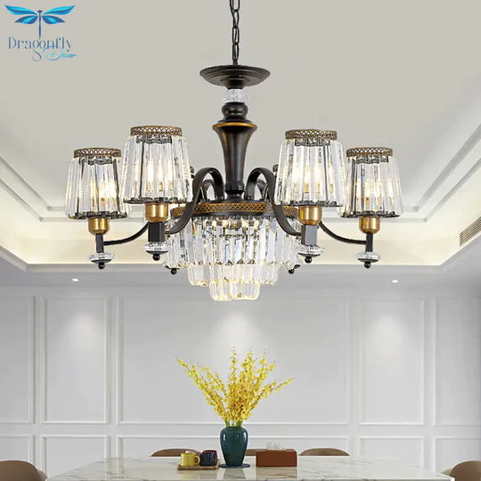 Black Conical Suspension Light Vintage Clear Crystal Block 3/6 Heads Dining Room Chandelier Lamp