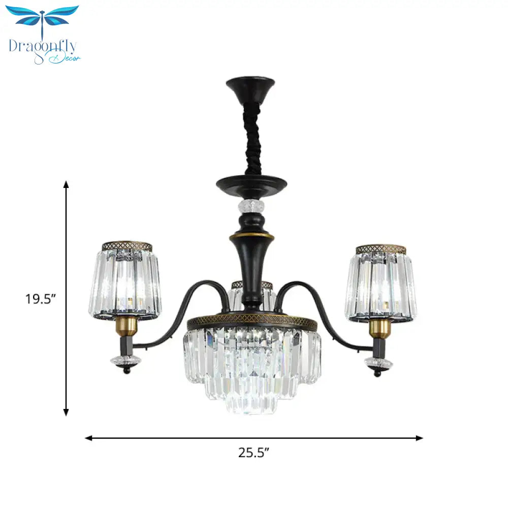 Black Conical Suspension Light Vintage Clear Crystal Block 3/6 Heads Dining Room Chandelier Lamp