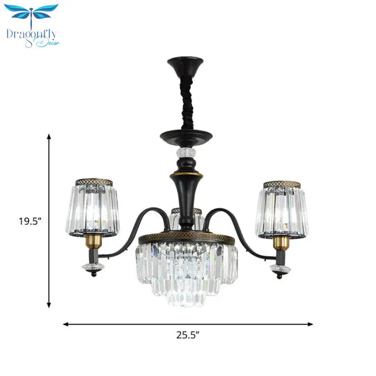 Black Conical Suspension Light Vintage Clear Crystal Block 3/6 Heads Dining Room Chandelier Lamp
