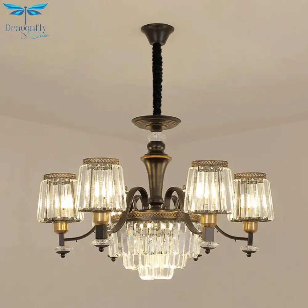 Black Conical Suspension Light Vintage Clear Crystal Block 3/6 Heads Dining Room Chandelier Lamp
