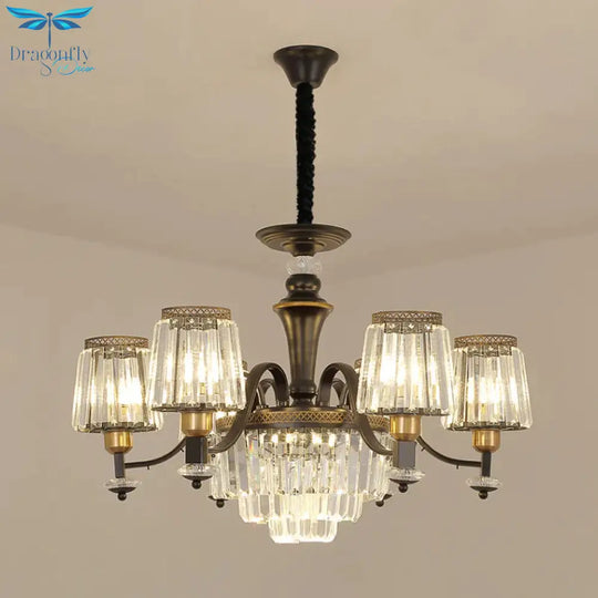 Black Conical Suspension Light Vintage Clear Crystal Block 3/6 Heads Dining Room Chandelier Lamp