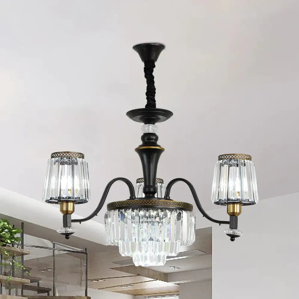 Black Conical Suspension Light Vintage Clear Crystal Block 3/6 Heads Dining Room Chandelier Lamp 3 /