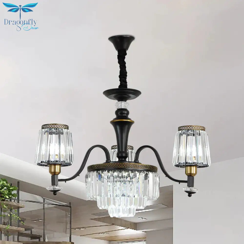 Black Conical Suspension Light Vintage Clear Crystal Block 3/6 Heads Dining Room Chandelier Lamp