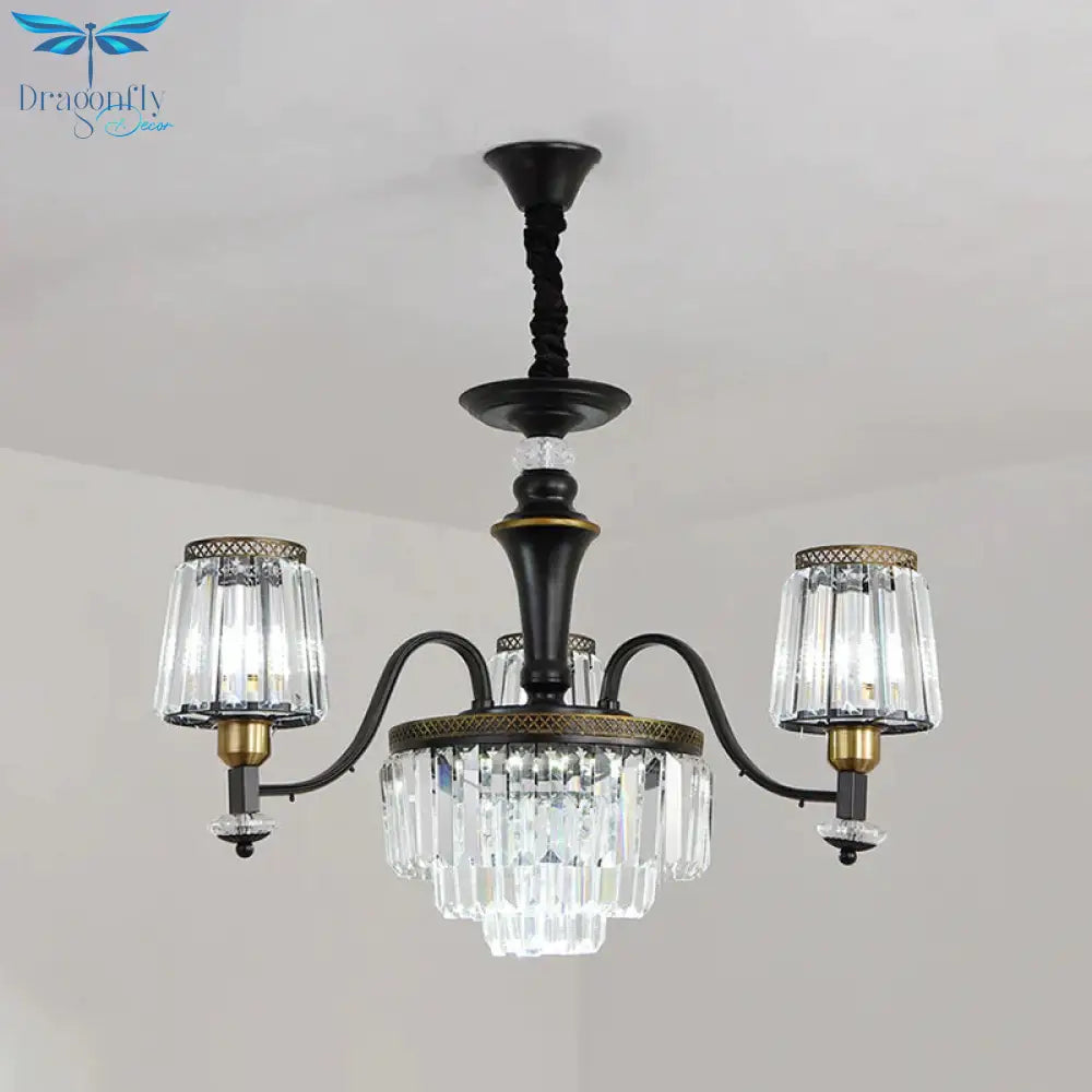 Black Conical Suspension Light Vintage Clear Crystal Block 3/6 Heads Dining Room Chandelier Lamp