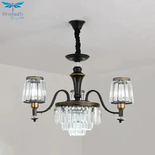 Black Conical Suspension Light Vintage Clear Crystal Block 3/6 Heads Dining Room Chandelier Lamp