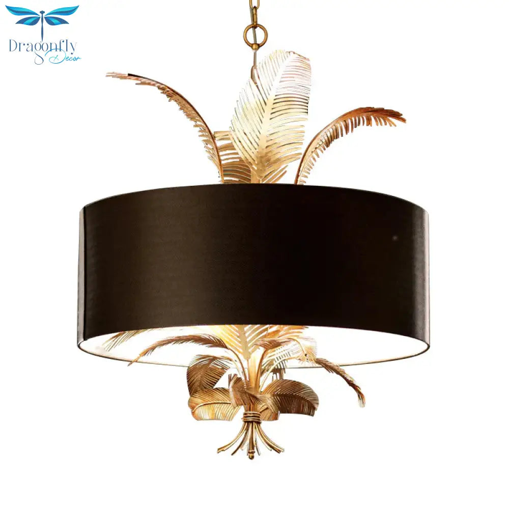 Black Country Drum Chandelier With Leaf Decoration - 6 - Light Fabric Hanging Ceiling Light For