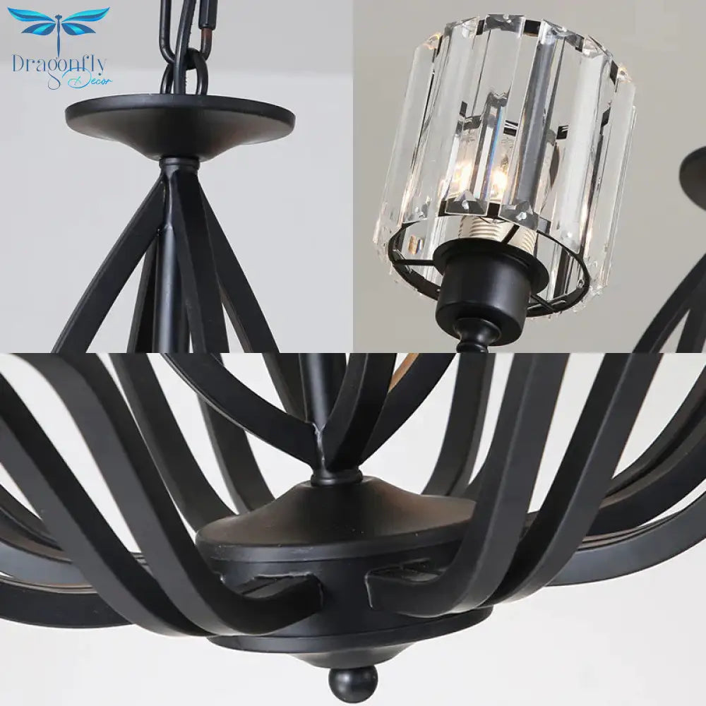 Black Cylinder Ceiling Light Fixture Simple Style Crystal Block 3/6/8 Lights Dining Room Chandelier
