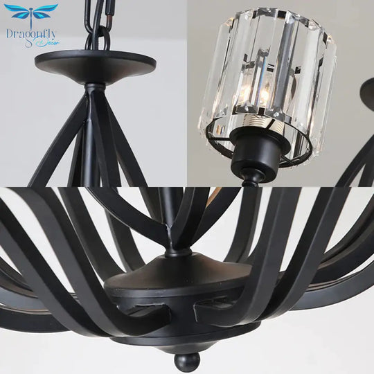 Black Cylinder Ceiling Light Fixture Simple Style Crystal Block 3/6/8 Lights Dining Room Chandelier