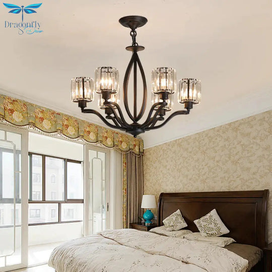Black Cylinder Ceiling Light Fixture Simple Style Crystal Block 3/6/8 Lights Dining Room Chandelier