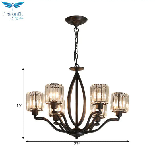 Black Cylinder Ceiling Light Fixture Simple Style Crystal Block 3/6/8 Lights Dining Room Chandelier