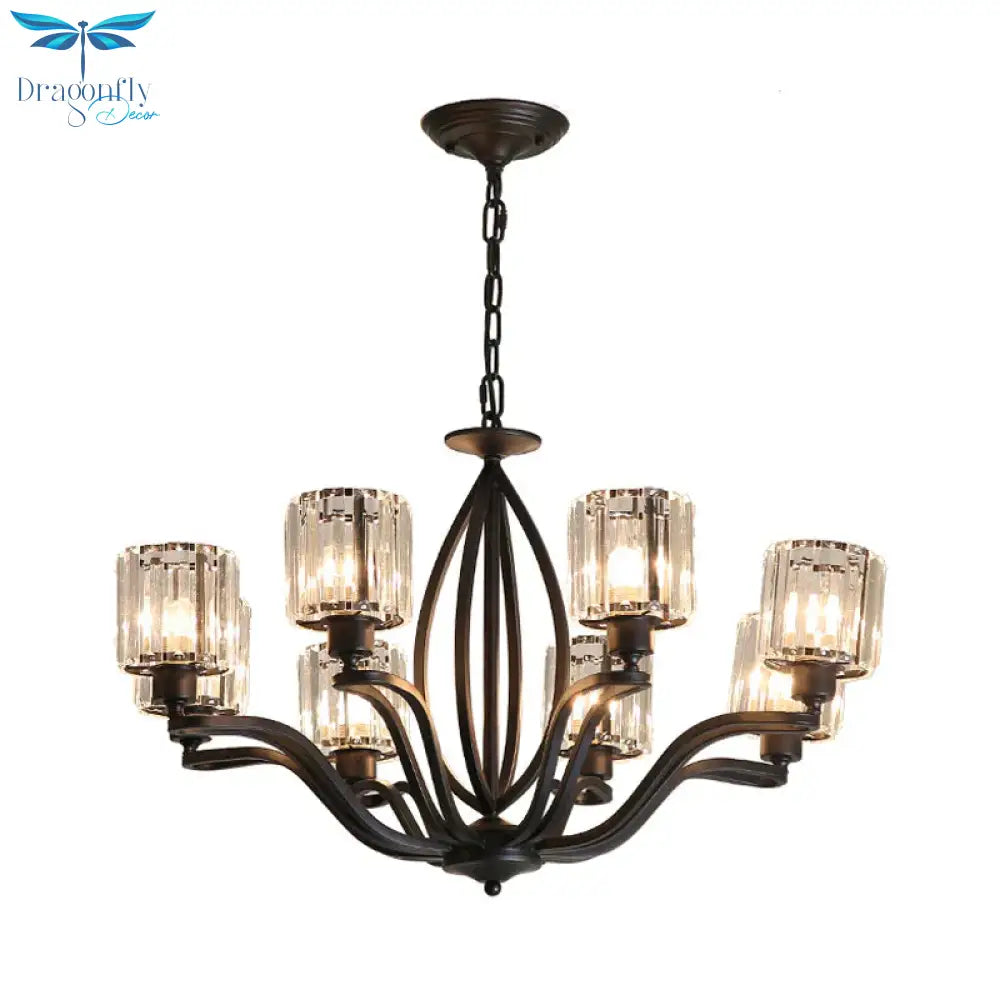 Black Cylinder Ceiling Light Fixture Simple Style Crystal Block 3/6/8 Lights Dining Room Chandelier