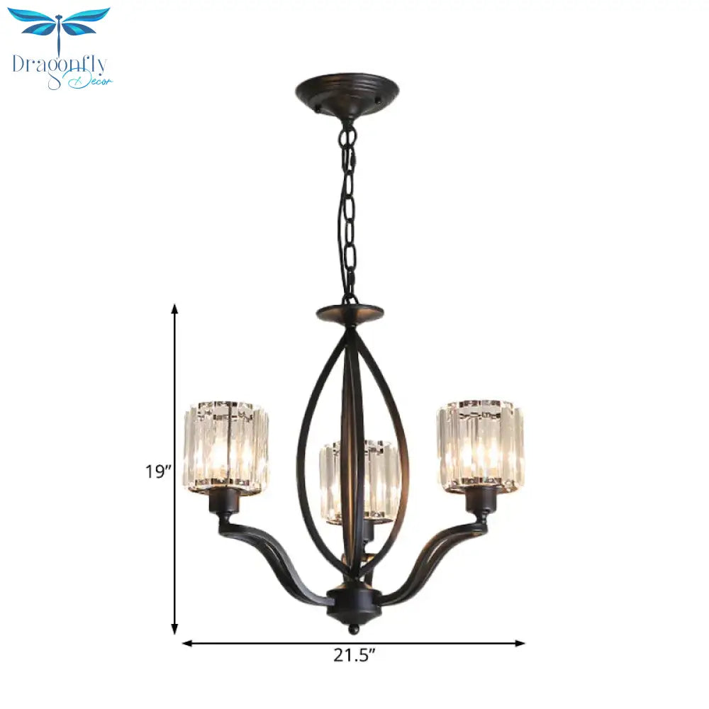 Black Cylinder Ceiling Light Fixture Simple Style Crystal Block 3/6/8 Lights Dining Room Chandelier