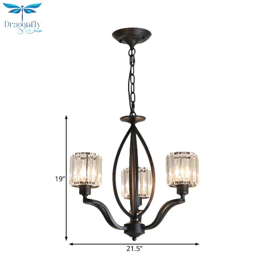 Black Cylinder Ceiling Light Fixture Simple Style Crystal Block 3/6/8 Lights Dining Room Chandelier