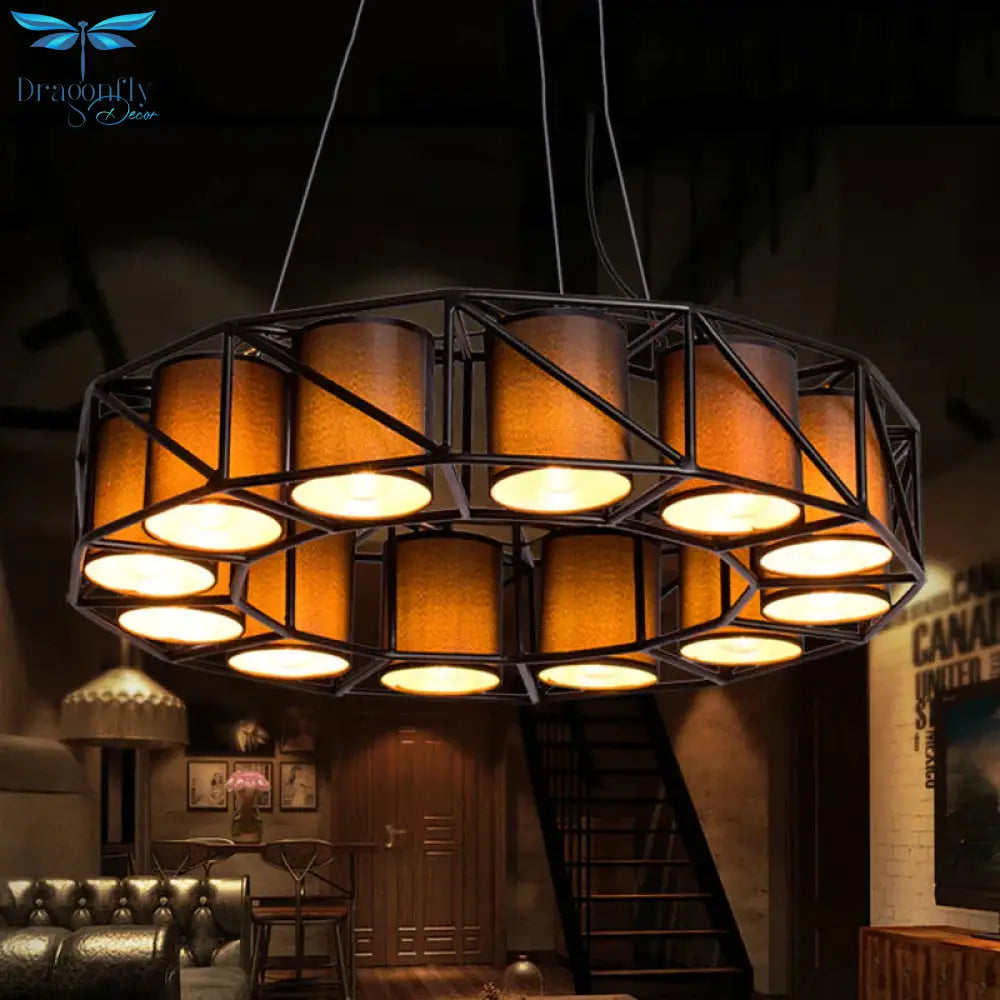 Black Cylinder Chandelier Lamp Vintage Fabric 12 Bulbs Restaurant Ceiling Light With Round Cage