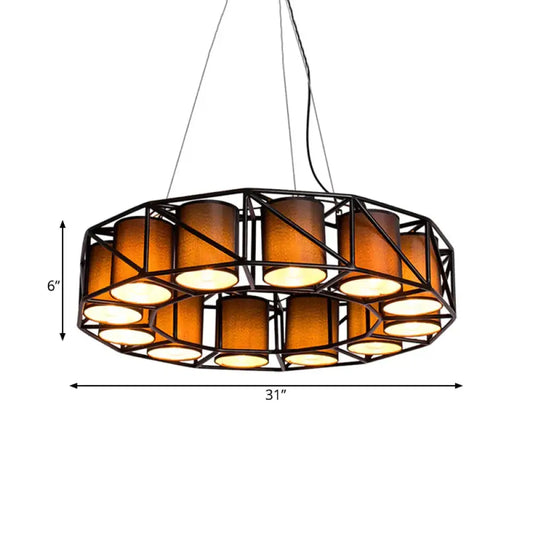 Black Cylinder Chandelier Lamp Vintage Fabric 12 Bulbs Restaurant Ceiling Light With Round Cage