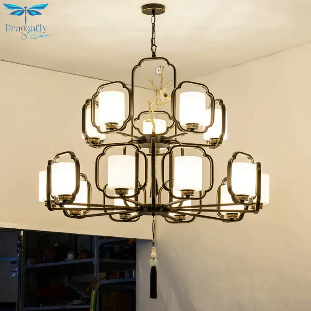 Black Cylinder Chandelier Lighting Fixture Classic Metal 6/8/10 Lights Living Room Drop Pendant