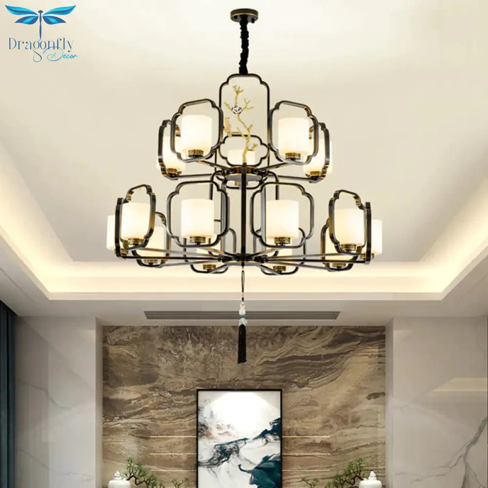 Black Cylinder Chandelier Lighting Fixture Classic Metal 6/8/10 Lights Living Room Drop Pendant