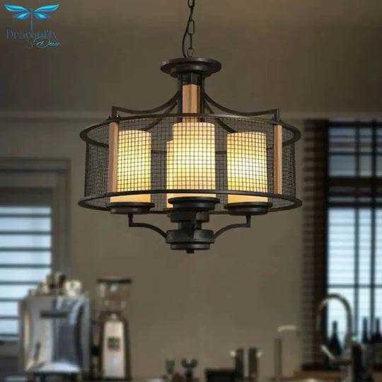 Black Cylinder Hanging Chandelier Traditional Style Frosted Glass 4 Heads Living Room Pendant Light