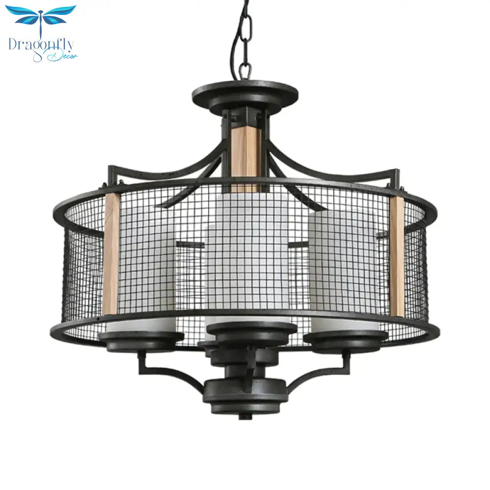 Black Cylinder Hanging Chandelier Traditional Style Frosted Glass 4 Heads Living Room Pendant Light