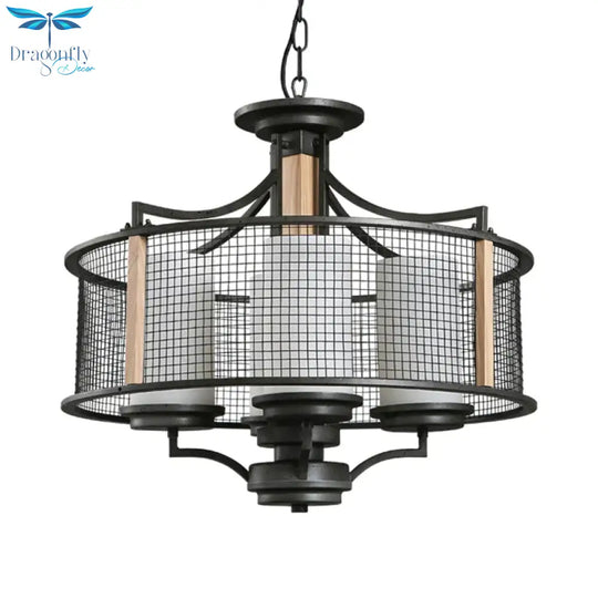 Black Cylinder Hanging Chandelier Traditional Style Frosted Glass 4 Heads Living Room Pendant Light