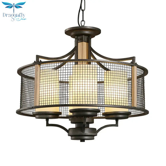 Black Cylinder Hanging Chandelier Traditional Style Frosted Glass 4 Heads Living Room Pendant Light