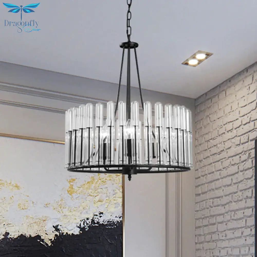 Black Cylinder Hanging Light Kit Traditional Fluted Crystal 3 Lights Dining Room Chandelier Lamp