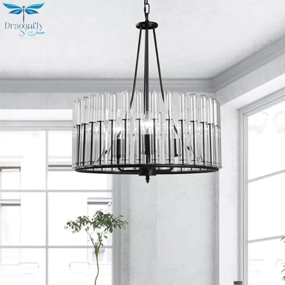 Black Cylinder Hanging Light Kit Traditional Fluted Crystal 3 Lights Dining Room Chandelier Lamp