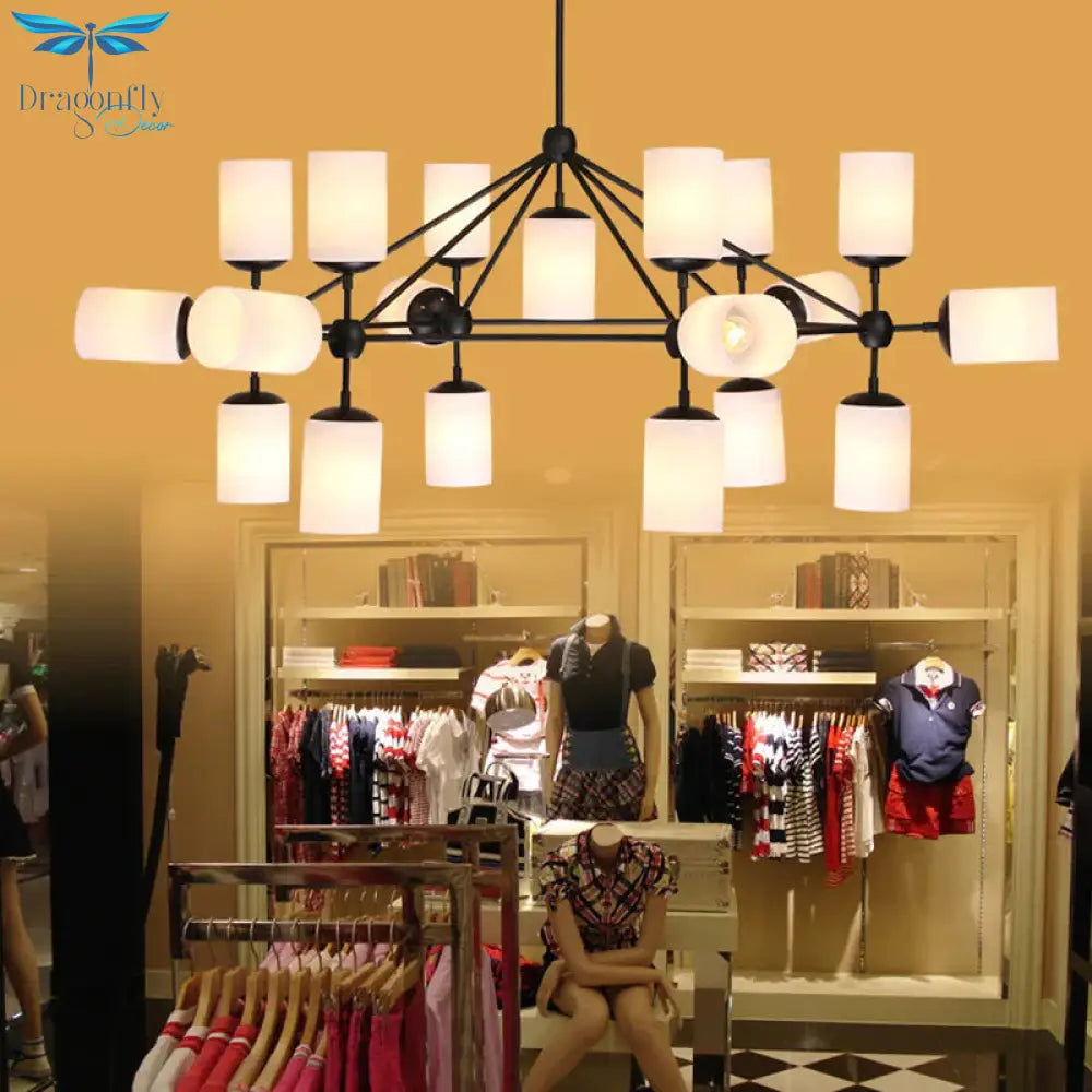 Black Cylinder Shade Pendant Lighting Classic Opal Glass 18 Lights Living Room Chandelier
