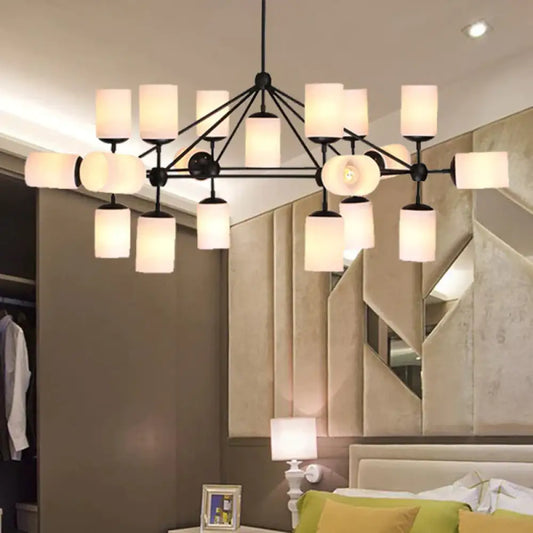 Black Cylinder Shade Pendant Lighting Classic Opal Glass 18 Lights Living Room Chandelier