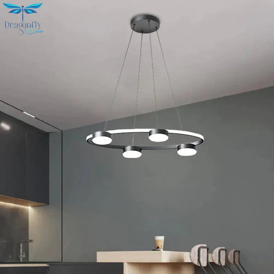 Black Drum Pendant Chandelier Minimalist 4 - Head Acrylic Suspended Lighting Fixture With Ring