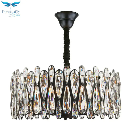 Black Drum Shaped Pendant Light Modern Crystal Teardrop 6 - Bulb Dining Room Chandelier