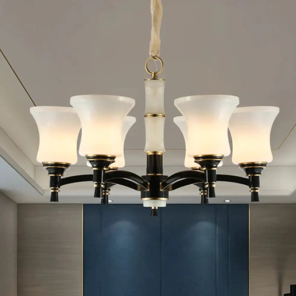 Black Flared Shade Hanging Pendant Light Traditional Style Frosted Glass 6/8 - Head Living Room